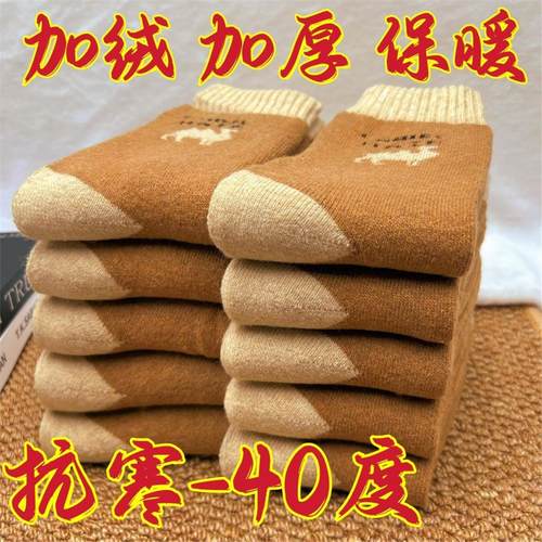 骆驼加绒袜子男女加厚冬季保暖毛圈中长筒老年耐寒仿羊加厚滑雪袜