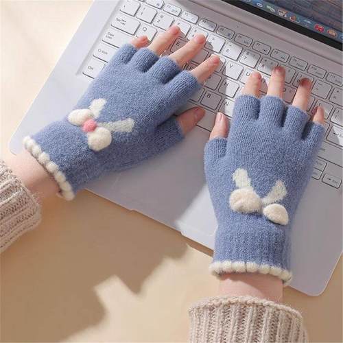 半指触屏手套加绒针织毛线学生加厚保暖露指防寒可爱蝴蝶卡通手套