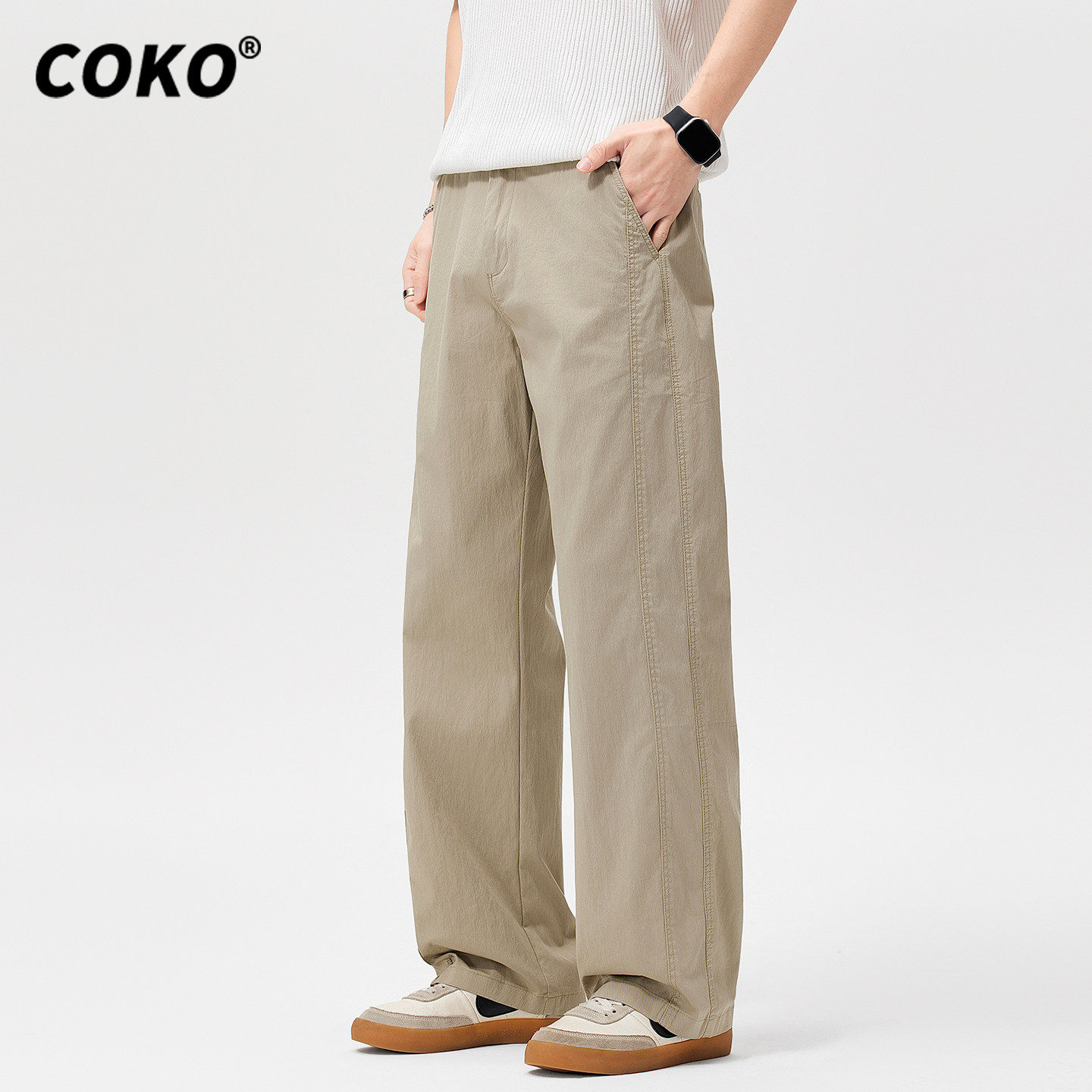 COKO浅卡其色直筒休闲裤男宽松大码2026夏季冰爽速干百搭阔腿裤子