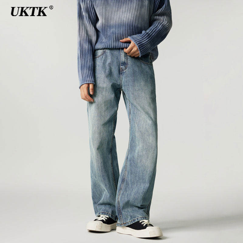 UKTK直筒微喇牛仔裤男高级感cleanfit春秋季加绒水洗浅蓝色牛仔裤