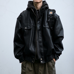 工装 痞帅机车服短款 立领夹克潮 复古荔枝纹皮衣外套男春秋新款 美式