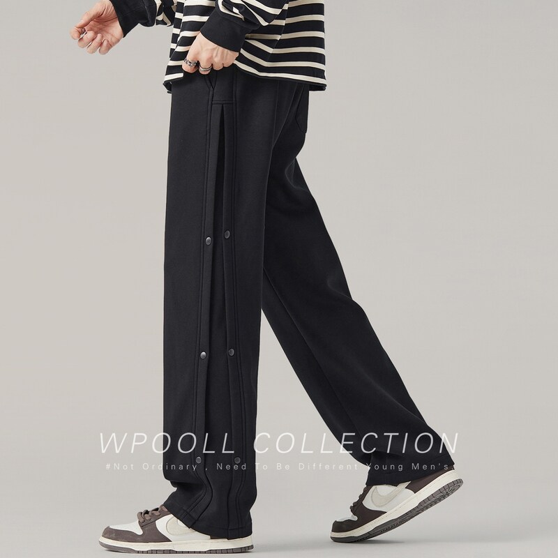 秋季加绒假排扣裤美式高街运动卫裤宽松直筒阔腿黑色休闲裤子男生