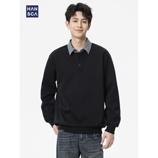 hansca黑色假两件条纹衬衣领卫衣男士秋冬季300g重磅加绒套头上衣