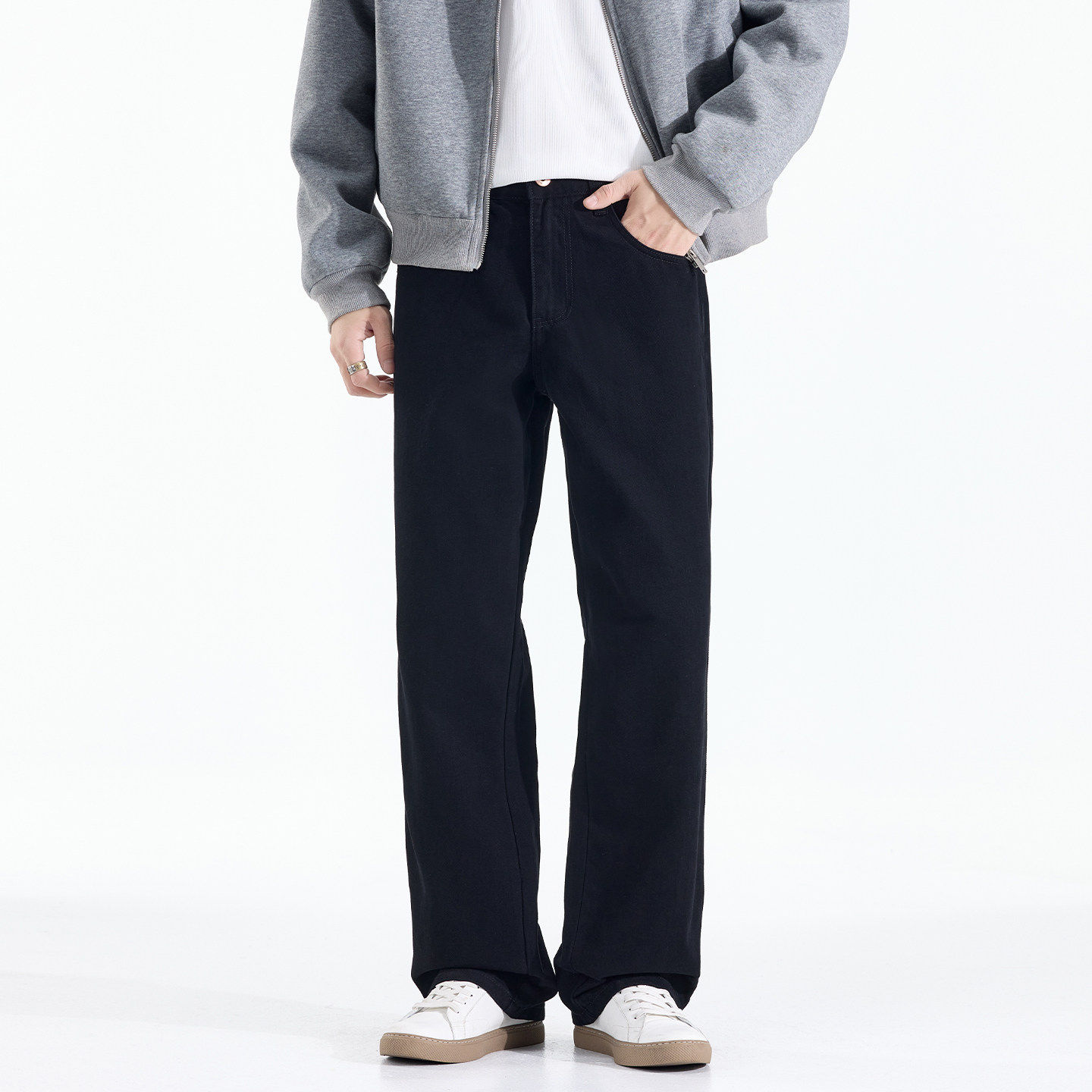 Kuvine秋冬季加绒牛仔裤男款美式高街宽松直筒cleanfit黑色阔腿裤