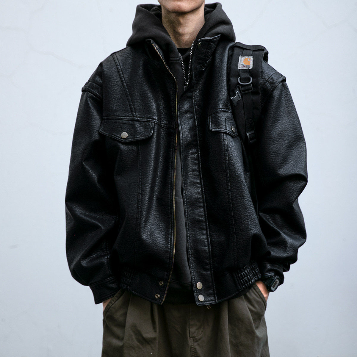 美式复古荔枝纹皮衣外套男春秋新款痞帅机车服短款工装立领夹克潮