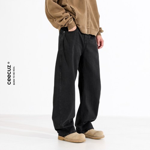 Ceecuz 设计感黑色弯刀裤男款秋季新款美式复古水洗高级感牛仔裤