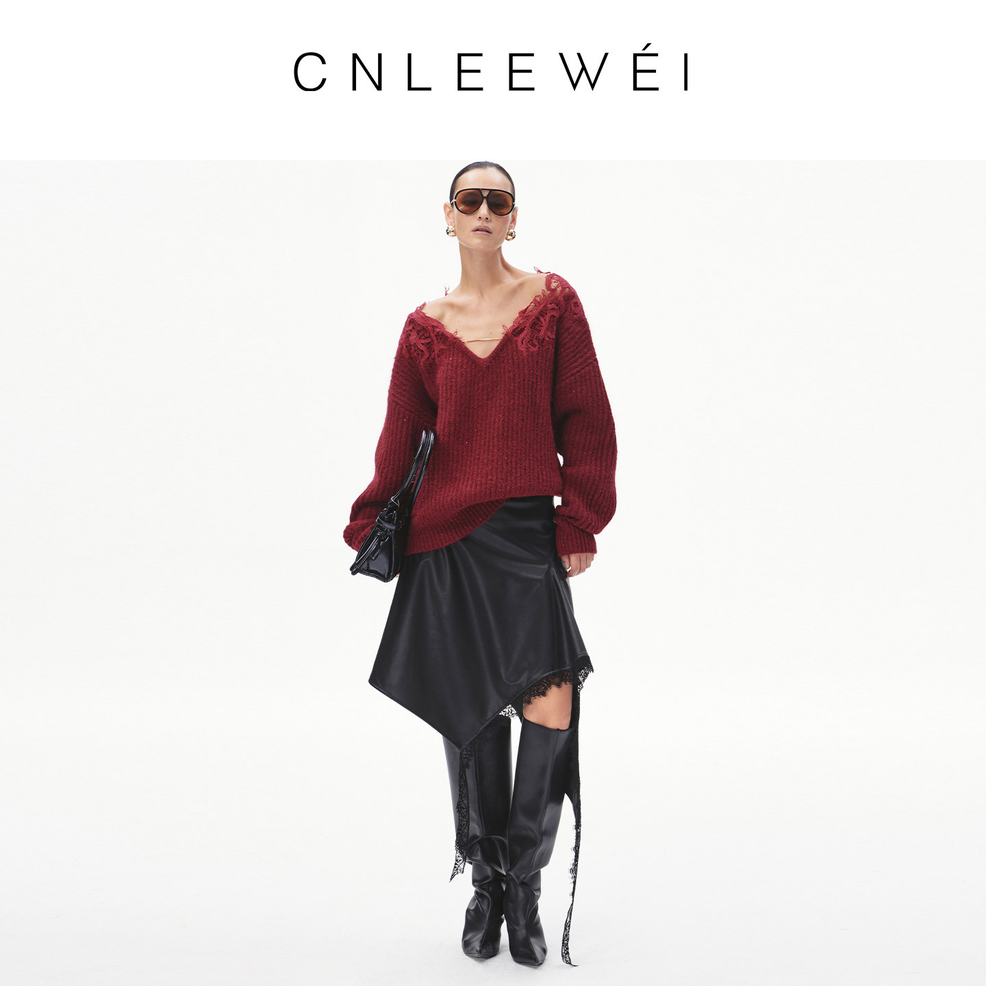 【郑秀文/慎婕同款】CNLEEWEI春V领毛衣肌理蕾丝拼接针织上衣