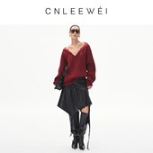 慎婕同款 郑秀文 CNLEEWEI26早春V领毛衣肌理蕾丝拼接毛织上衣