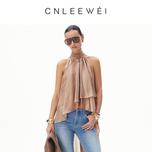 CNLEEWEI26春新款 女士光泽感蕾丝飘带微透鎏金不规则层次上衣女