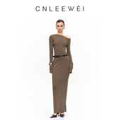 斜肩一字领针织套装 CNLEEWEI2025秋季 新款 可拆PU皮带合体长半裙