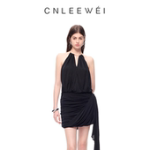 CNLEEWEI2025年夏季 挂脖裙链条v领褶皱荡量飘带包臀度假风连衣裙