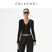 CNLEEWEI26早春新款 V领可拆卸链条毛织开衫 黑色修身 短款