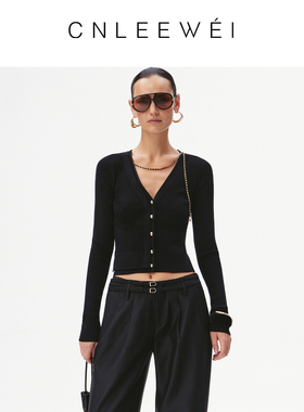 CNLEEWEI26早春新款黑色修身短款V领可拆卸链条毛织开衫
