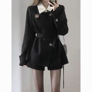 韩剧女主穿搭黑色气质秋冬装一整套女收腰感翻领西装外套短裤