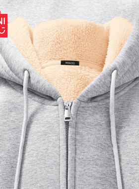 名创优品厚外套女2025新款秋冬灰色帽衫羊羔绒开衫加绒加厚卫衣D