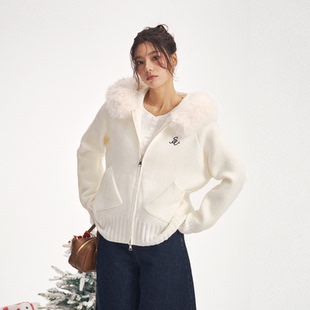 iNSLiiSA 软糯慵懒风温柔连帽毛领针织衫女春秋新款休闲 百搭毛衣