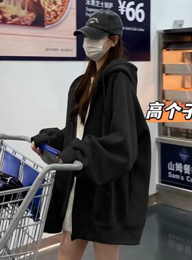 THE MOON高个子黑色加长宽松长袖盖臀卫衣女春休闲 中长版连帽外