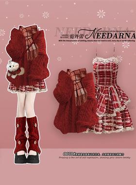 万圣节圣诞穿搭红色针织连衣裙子巨好看的深秋初冬季小香风蓬蓬裙