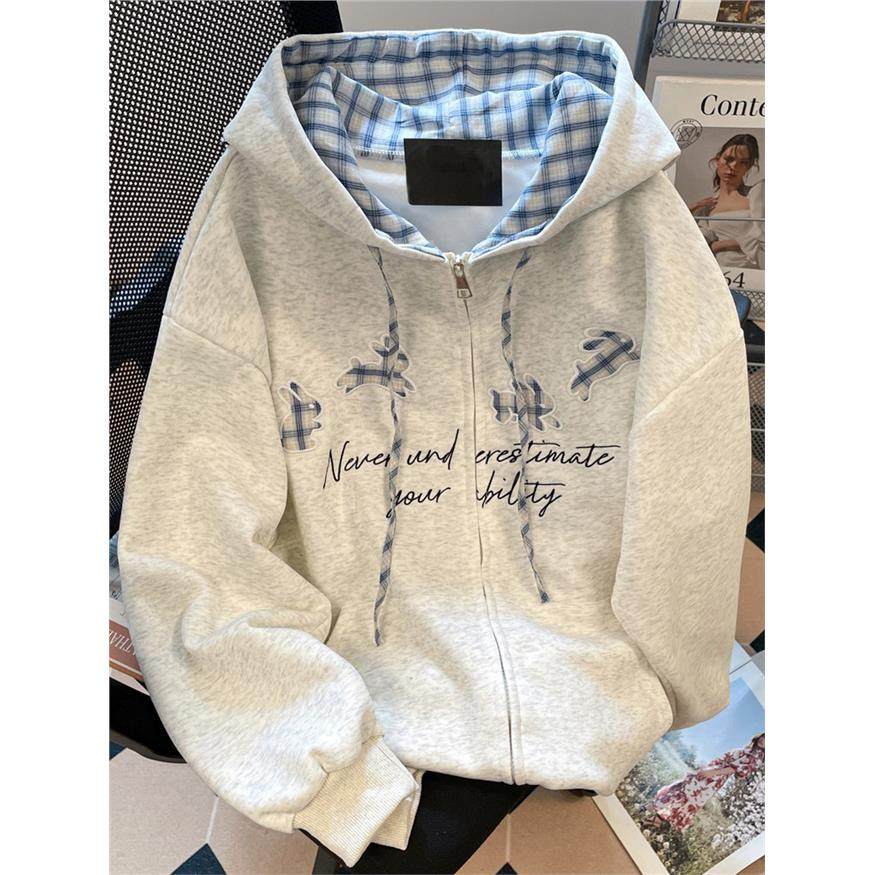 韩系穿搭巨好看格纹兔子卫衣开衫女冬加绒加厚独特漂亮减龄款外套