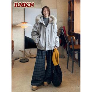 RMKN美式覆古毛领加厚棉服女秋冬季宽松保暖情侣派克服棉衣外套