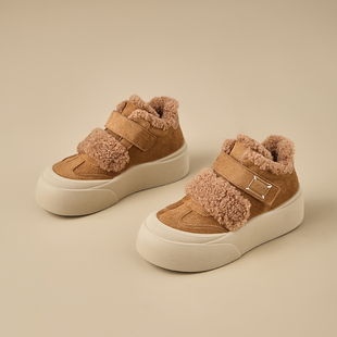 休闲风高帮加绒运动鞋女冬季魔术贴厚底耐磨休闲鞋