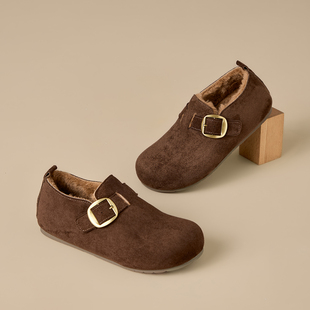 秋冬加绒勃肯鞋女粗跟反绒皮金属扣毛毛鞋休闲单鞋