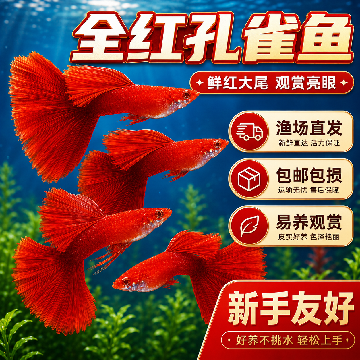 全红孔雀鱼活鱼观赏鱼纯种小型热带鱼斑马鱼活体淡水好养耐活鱼苗