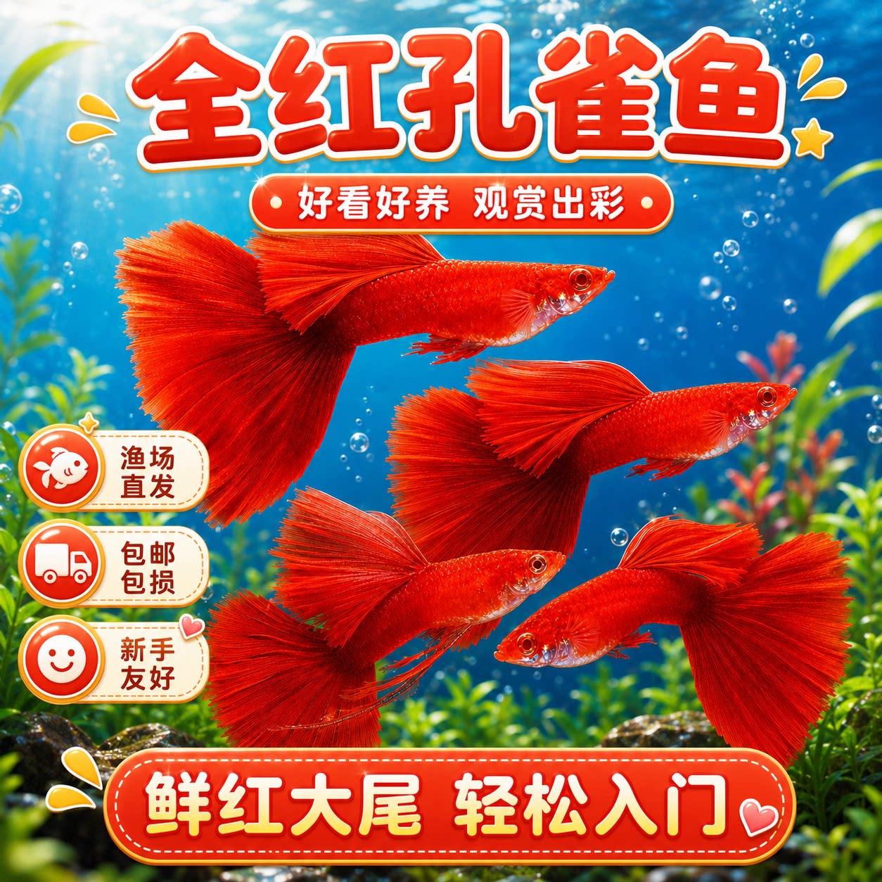 全红孔雀鱼活鱼观赏鱼纯种小型热带鱼斑马鱼活体淡水好养耐活鱼苗