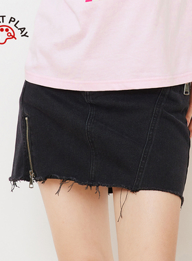 INNAT PLAY25秋季不规则设计A字拉链黑色牛仔短裙半身裙PM11DE0A
