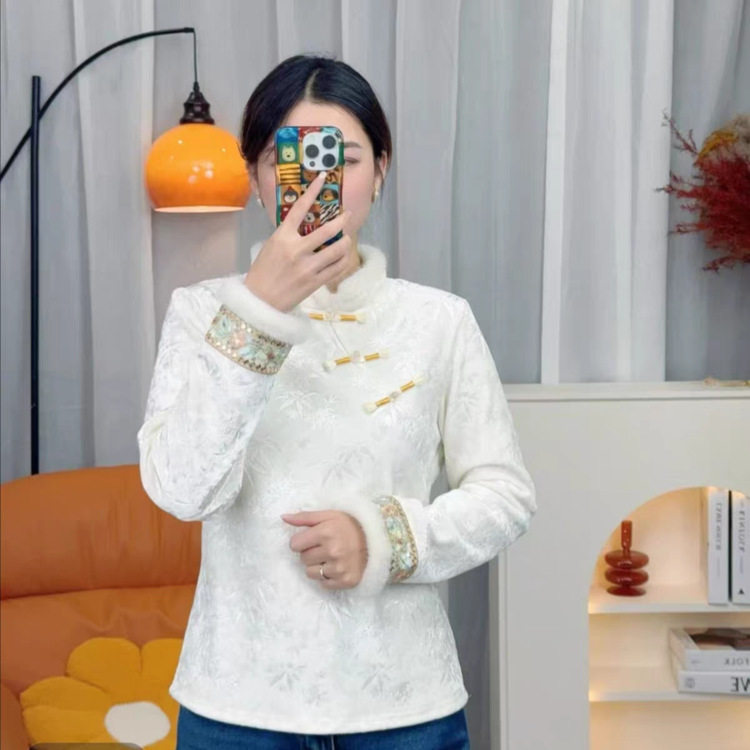 秋冬新款加绒加厚国风打底上衣新中式国风旗袍领绣花长袖T恤衫女