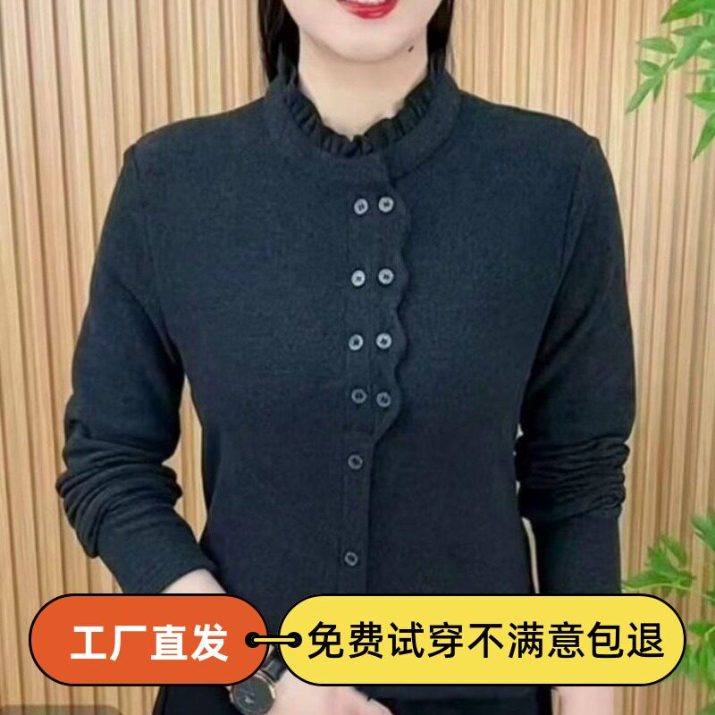 冬季百搭洋气加绒t恤宽松保暖中老年时尚女装妈妈衣服长袖打底衫