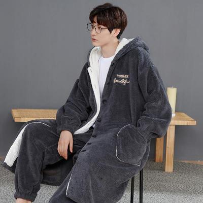 睡衣男士秋冬季珊瑚绒加绒加厚法兰绒长毛绒连体长款睡袍纽扣套装