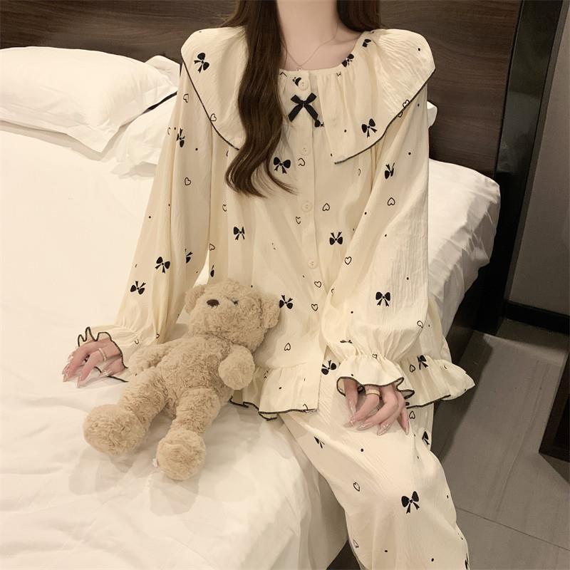 可爱娃娃领睡衣女款春秋季长袖甜美云朵棉纱大尺码公主风家居服套