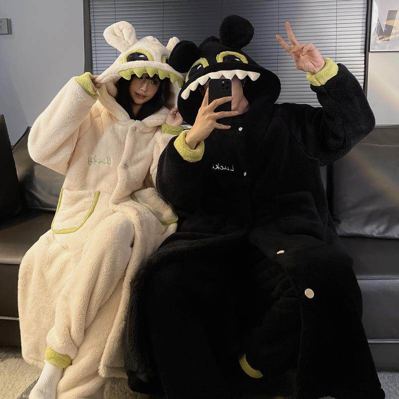 情侣睡衣女秋冬季加厚珊瑚绒2024年新款男士睡袍可外穿家居服套装