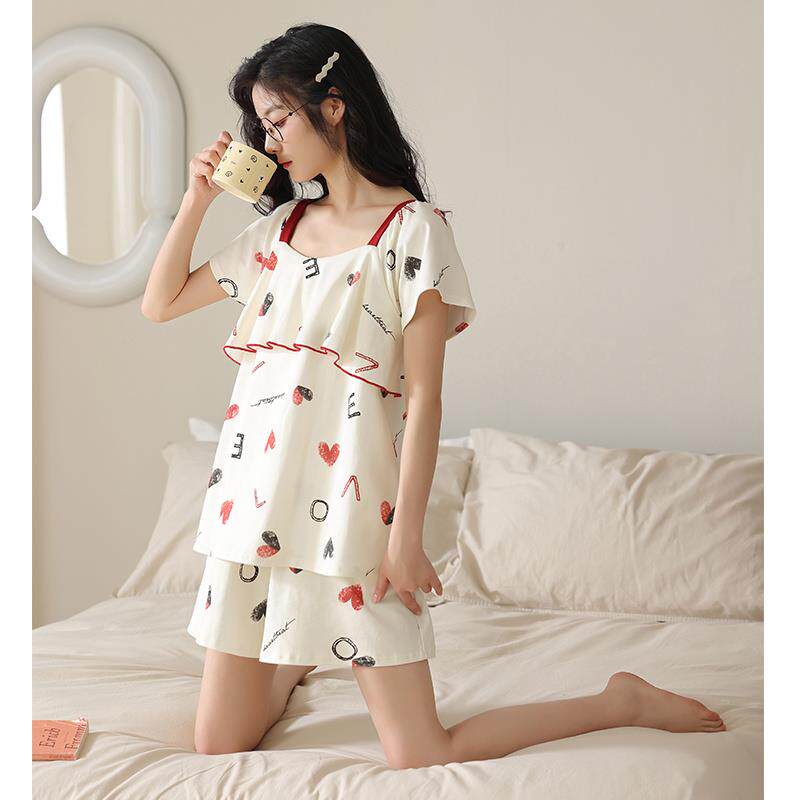 2023年睡衣女士夏季薄款纯棉宽松家居服遮胸荷叶边防凸点短袖套装