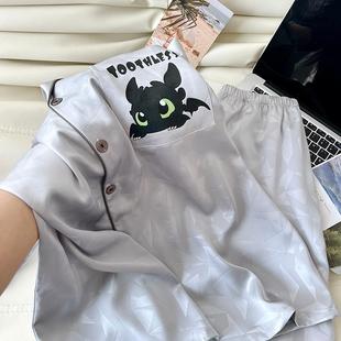 卡通无牙仔冰丝绸睡衣男款夏天短袖高级感春秋季大码家居服可外穿