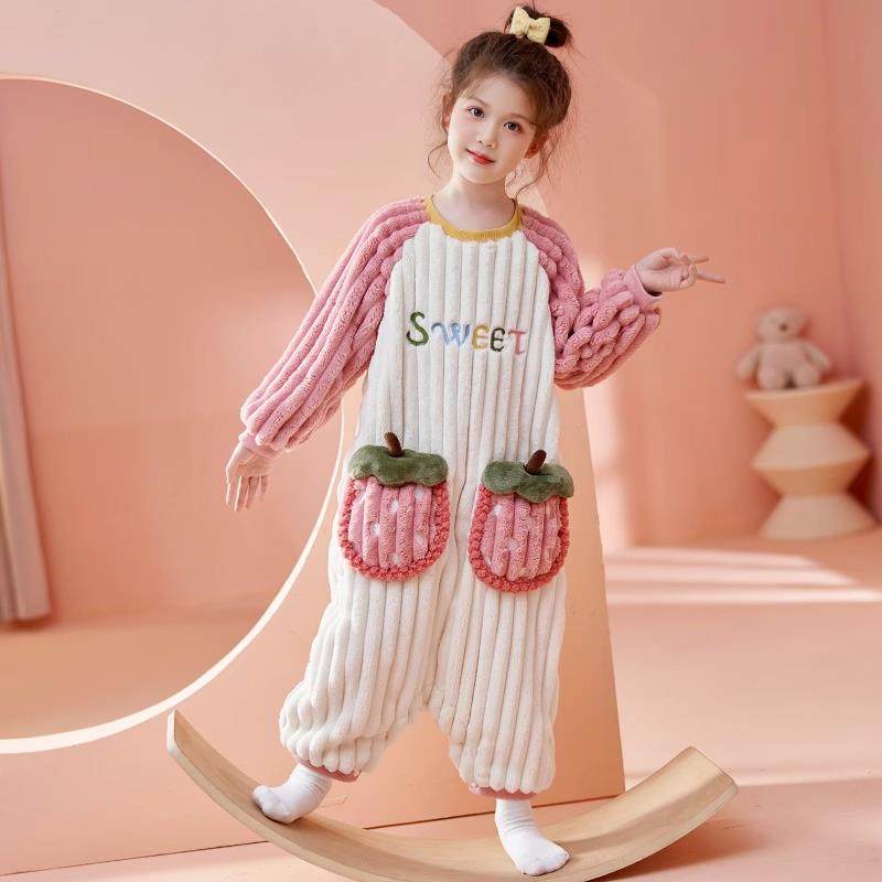 儿童睡衣女孩2024新款秋冬季宝宝睡袋恐龙加绒厚珊瑚绒男童家居服