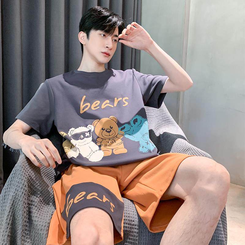 男士睡衣短袖纯棉薄款夏季卡通青少年可外穿男款加大码家居服套装