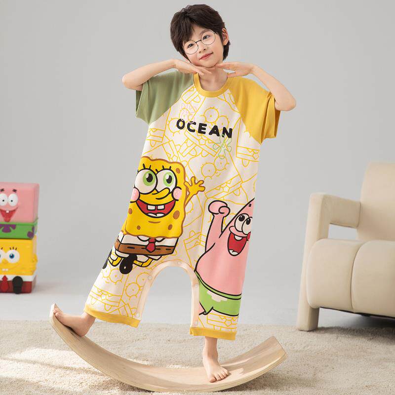 男童连体睡衣哪吒夏季纯棉短袖连身衣儿童空调家居服大童宝宝睡袋