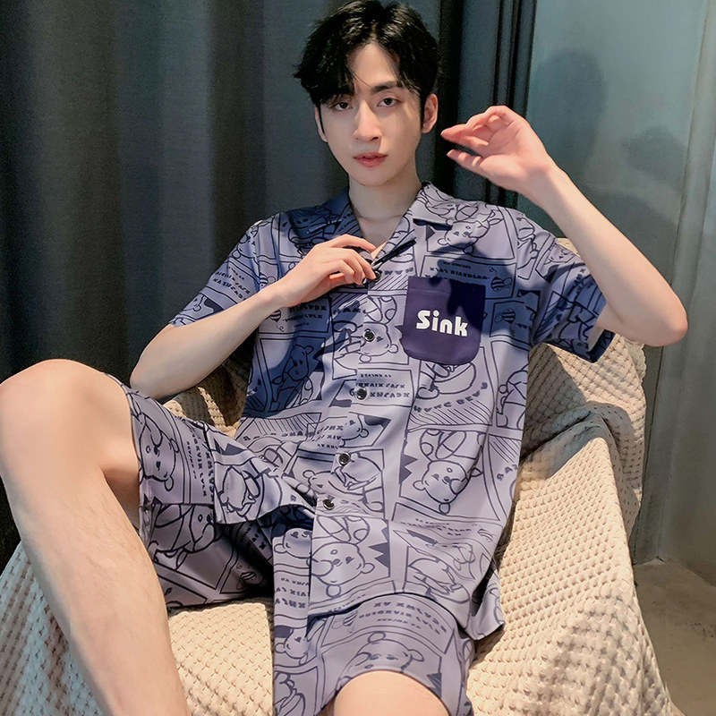睡衣男夏季2022年新款男士开衫冰丝绸薄款短袖学生夏天家居服套装