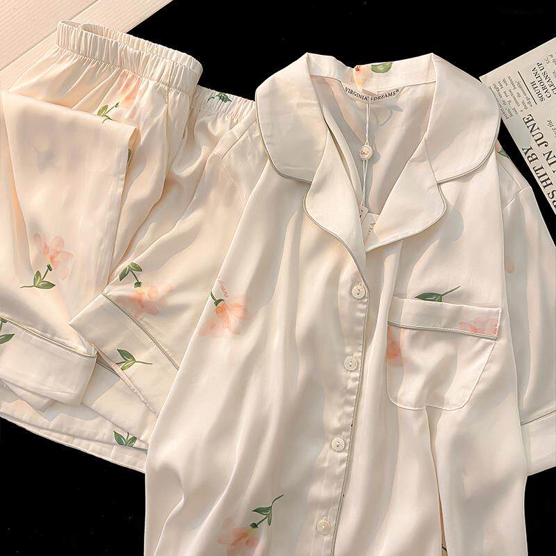 夏天带胸垫一体睡衣女款夏季2023新款冰丝短袖三件套春秋款家居服