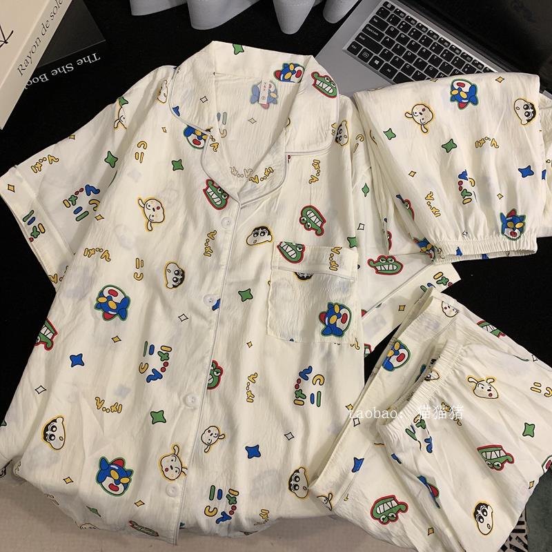 蜡笔小新情侣纯棉睡衣女薄夏天短袖三件套棉绸大码宽松男士家居服