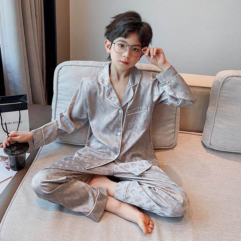 男童冰丝睡衣春秋长袖2023新款儿童春款家居服网红大童夏季空调服