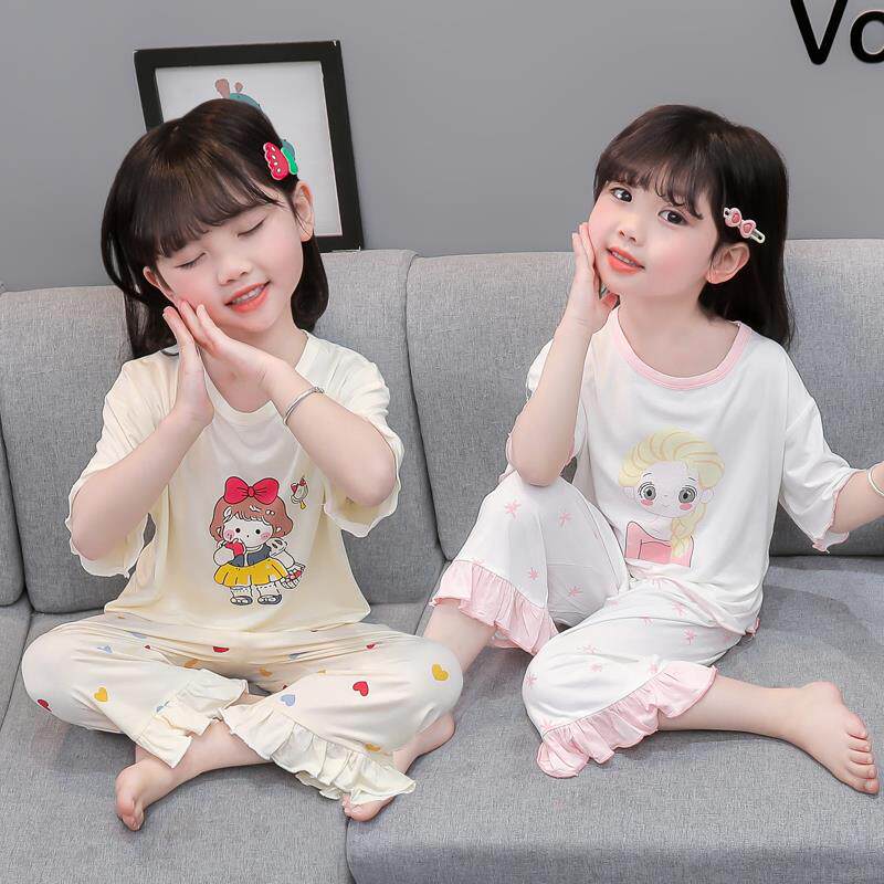 女童睡衣夏季薄款冰丝莫代尔女孩空调服公主风宝宝套装儿童家居服
