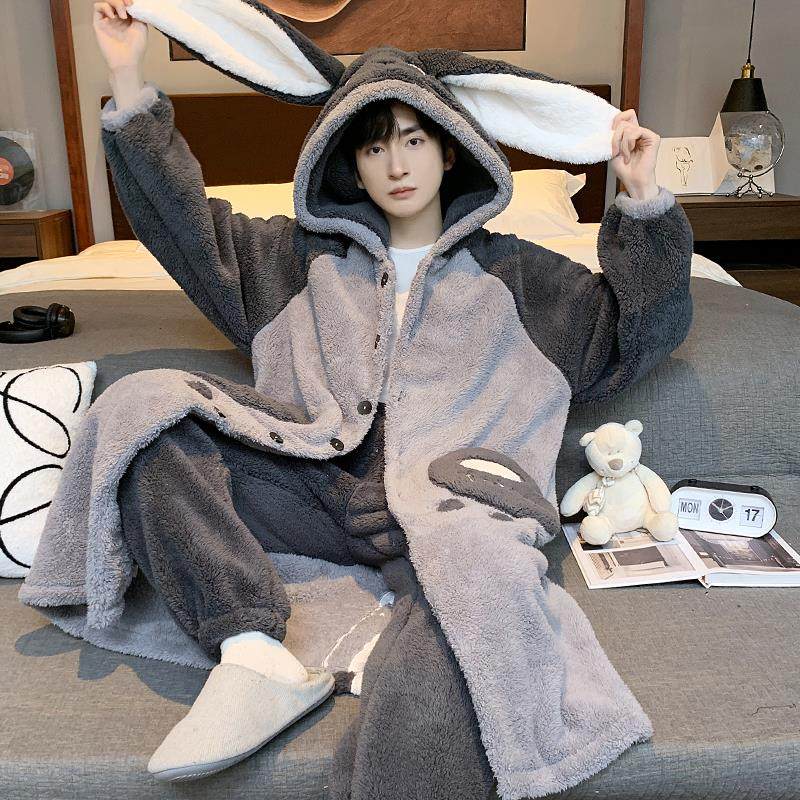 男士睡衣秋冬季珊瑚绒加绒加厚冬天青少年睡袍男法兰绒浴袍家居服