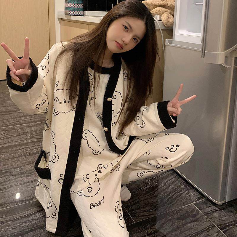 睡衣女款秋冬款空气棉夹层纯棉春秋季加厚长袖三件套装大码家居服