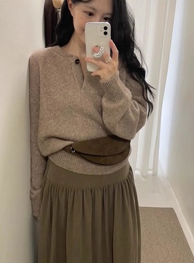 moia情侣款亨利领半开扣圆领针织毛衣25冬季新款韩货定制