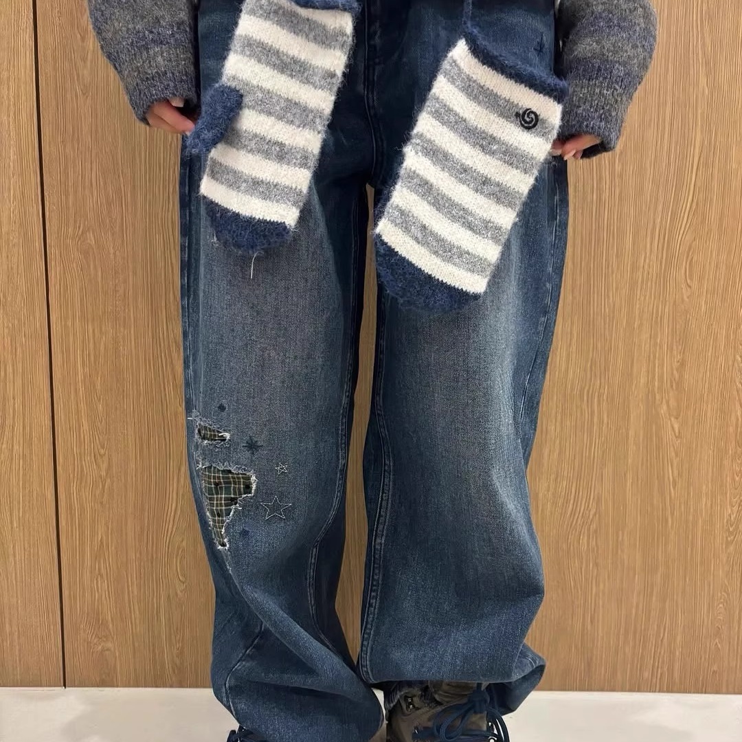 aeae休闲小心机宽松星星补丁阔腿牛仔裤25冬季新款韩货定制