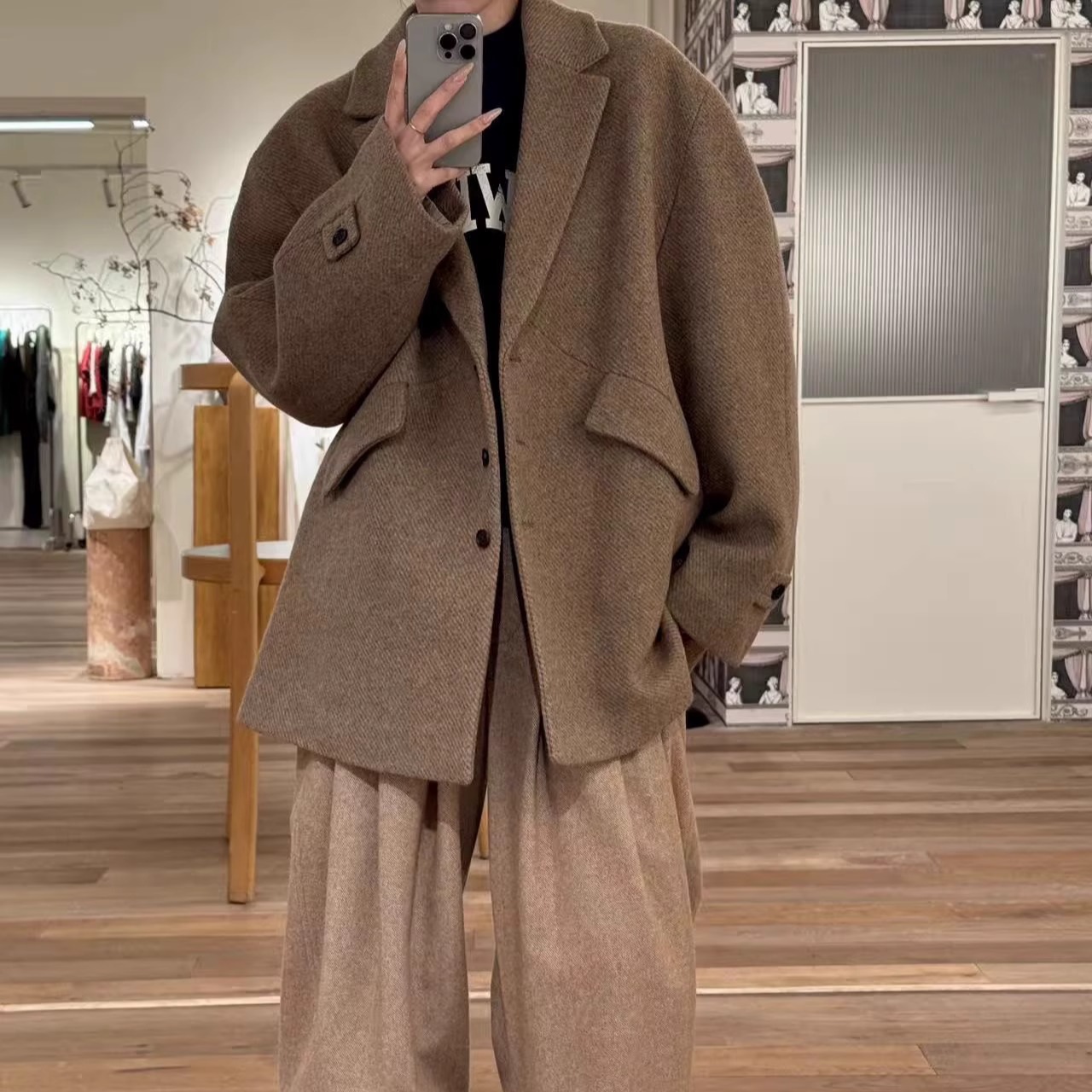 ethos气质通勤风宽松落肩羊毛外套25秋冬新款韩货定制