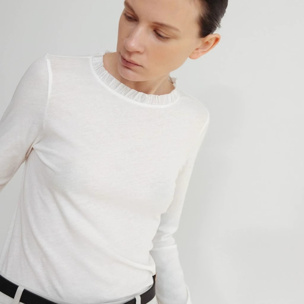 monoha简约修身花边荷叶领T恤25秋季新款韩货定制